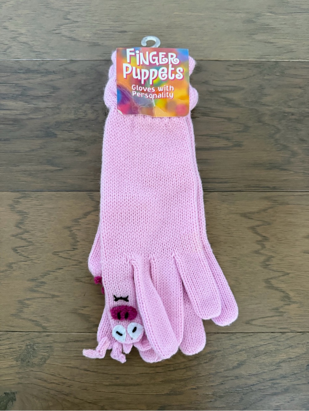 Pink Knit Gloves with Pig Finger Puppet
